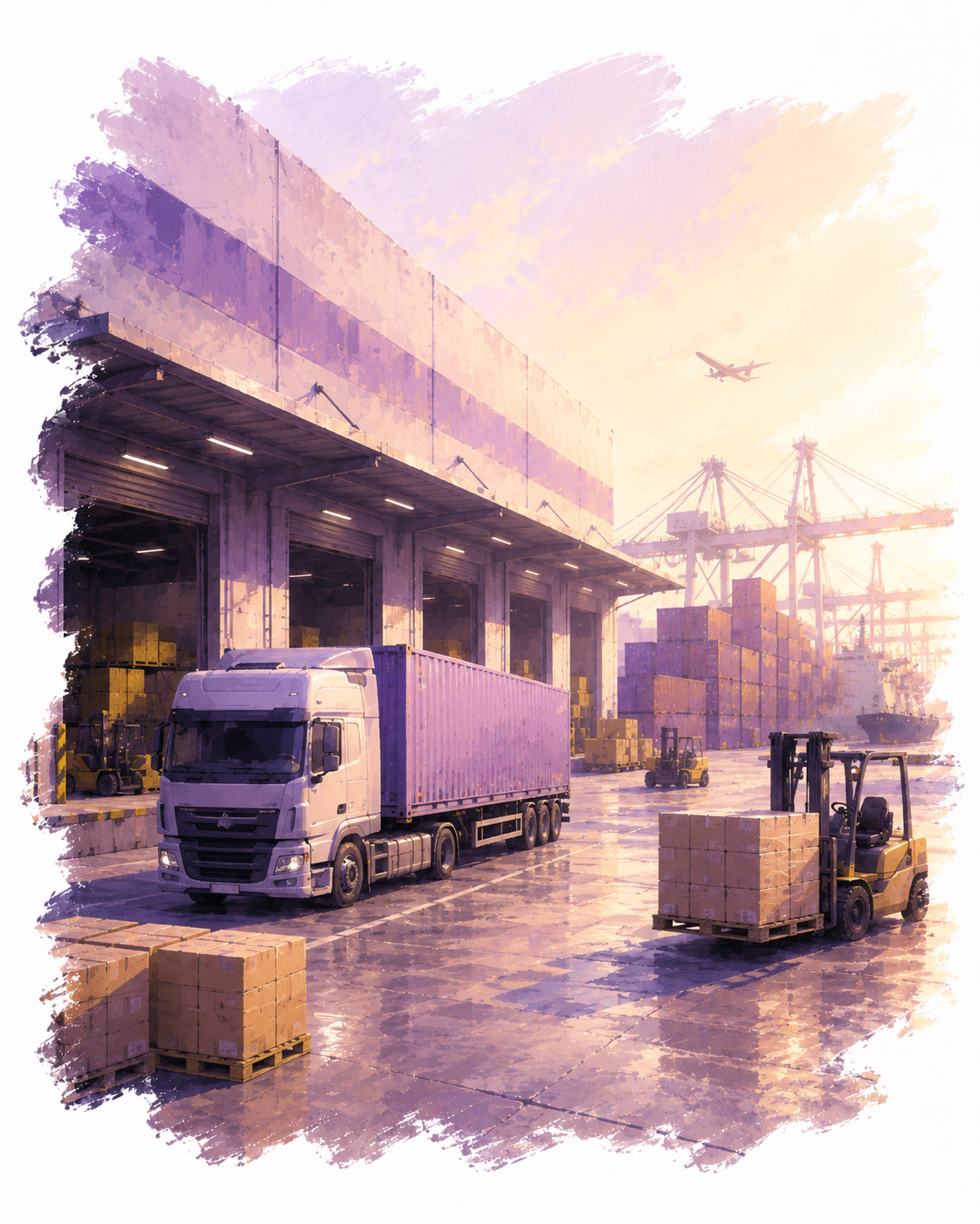 Watercolour illustration of a multi-bay loading dock with a freight truck, forklifts and port cranes at sunrise
