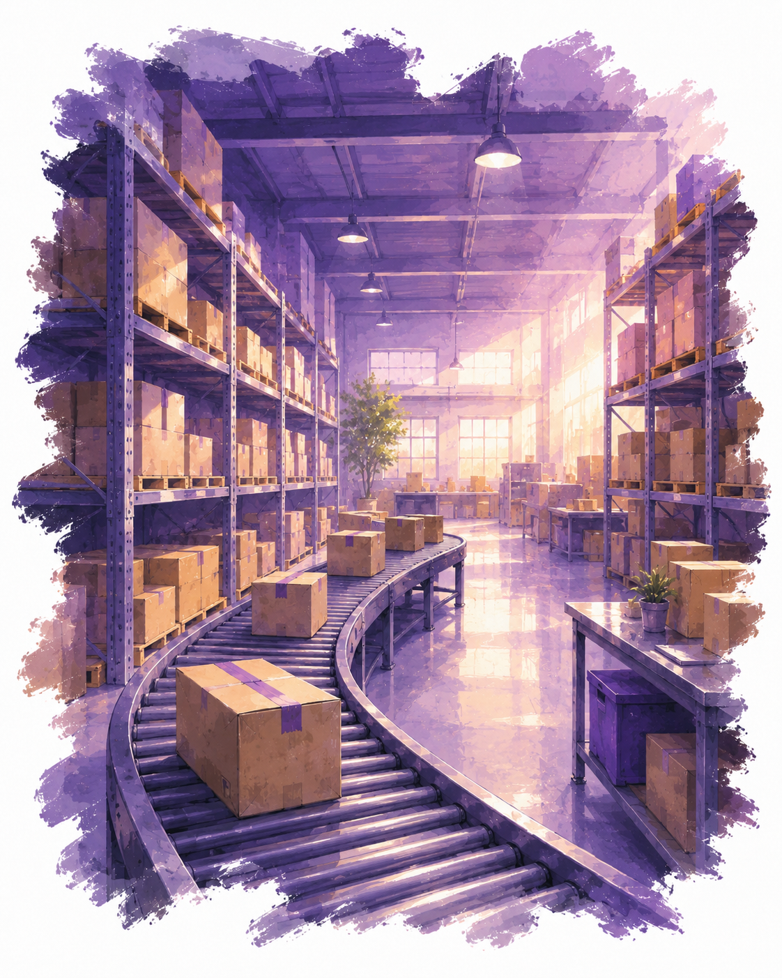 Watercolour illustration of a warehouse aisle with tall pallet racking and boxes travelling along a curving roller conveyor